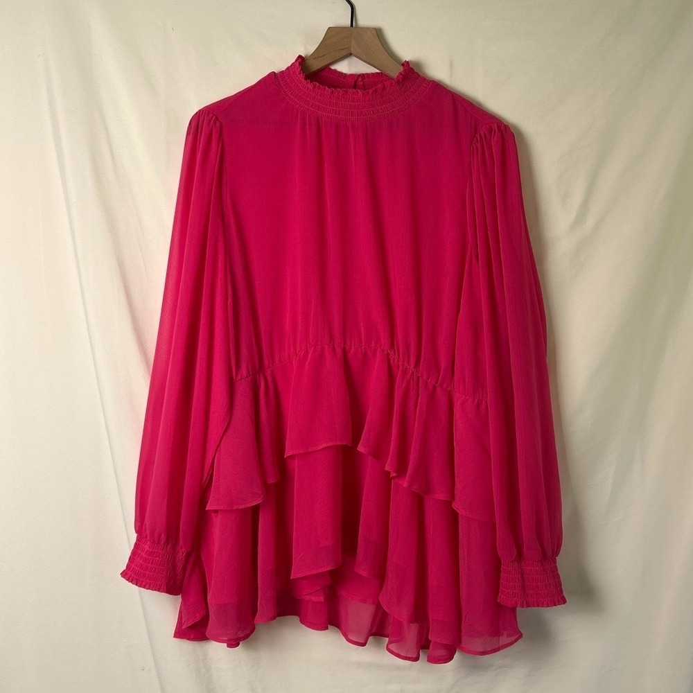 Torrid Womens Smocked Mock Neck Tiered Ruffle Peplum Blouse Size 2X Hot Pink